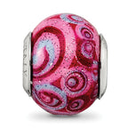 Sterling Silver Glass Bead with Pink & Purple Swirls Overlay Elegant Antiqued Finish