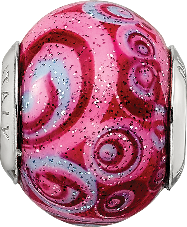 Sterling Silver Glass Bead with Pink & Purple Swirls Overlay Elegant Antiqued Finish