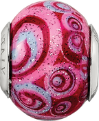 Sterling Silver Glass Bead with Pink & Purple Swirls Overlay Elegant Antiqued Finish