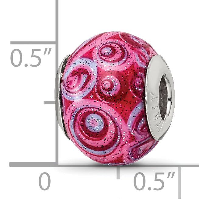 Sterling Silver Glass Bead with Pink & Purple Swirls Overlay Elegant Antiqued Finish