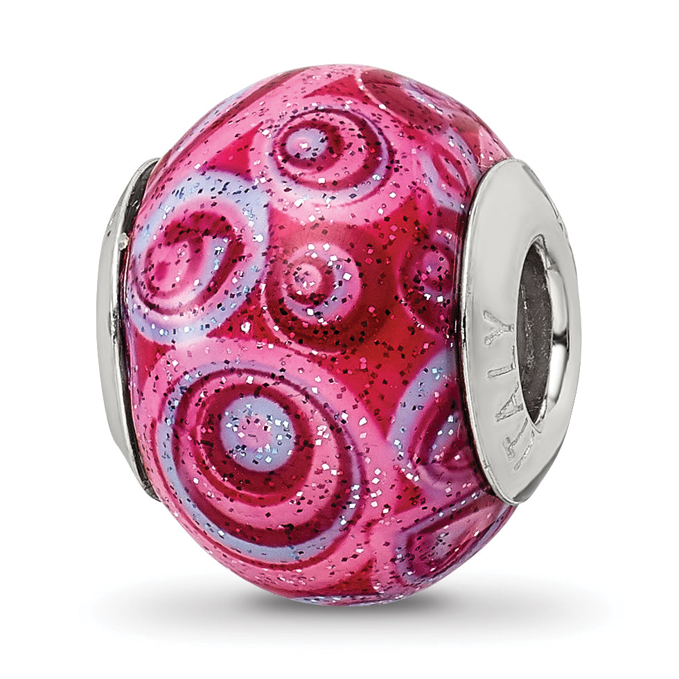 Sterling Silver Reflections Pink & Purple Swirls Overlay Glass Bead Main image