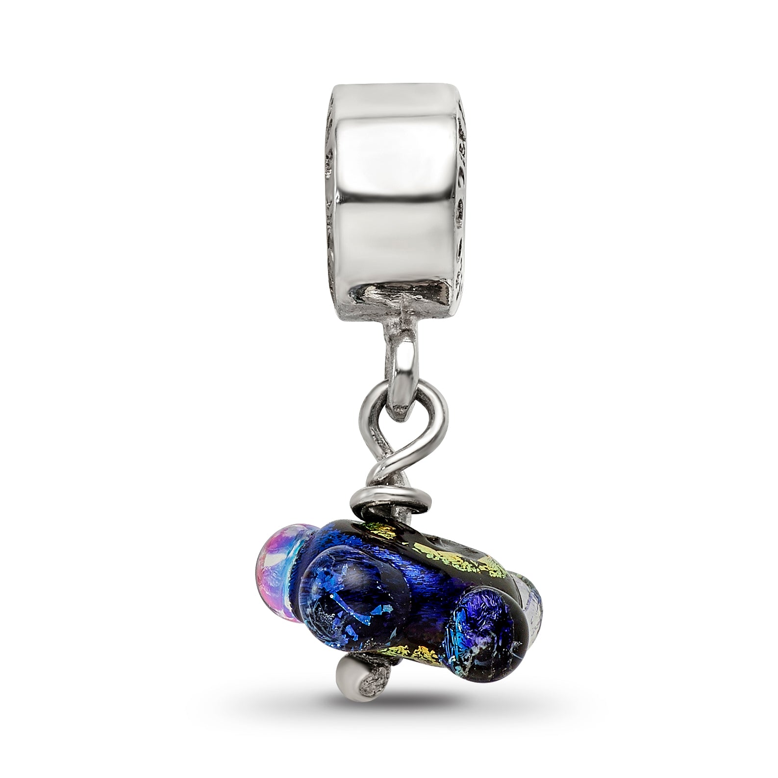 Sterling Silver 925 Green Dichroic Glass Dangle Bead Polished Finish