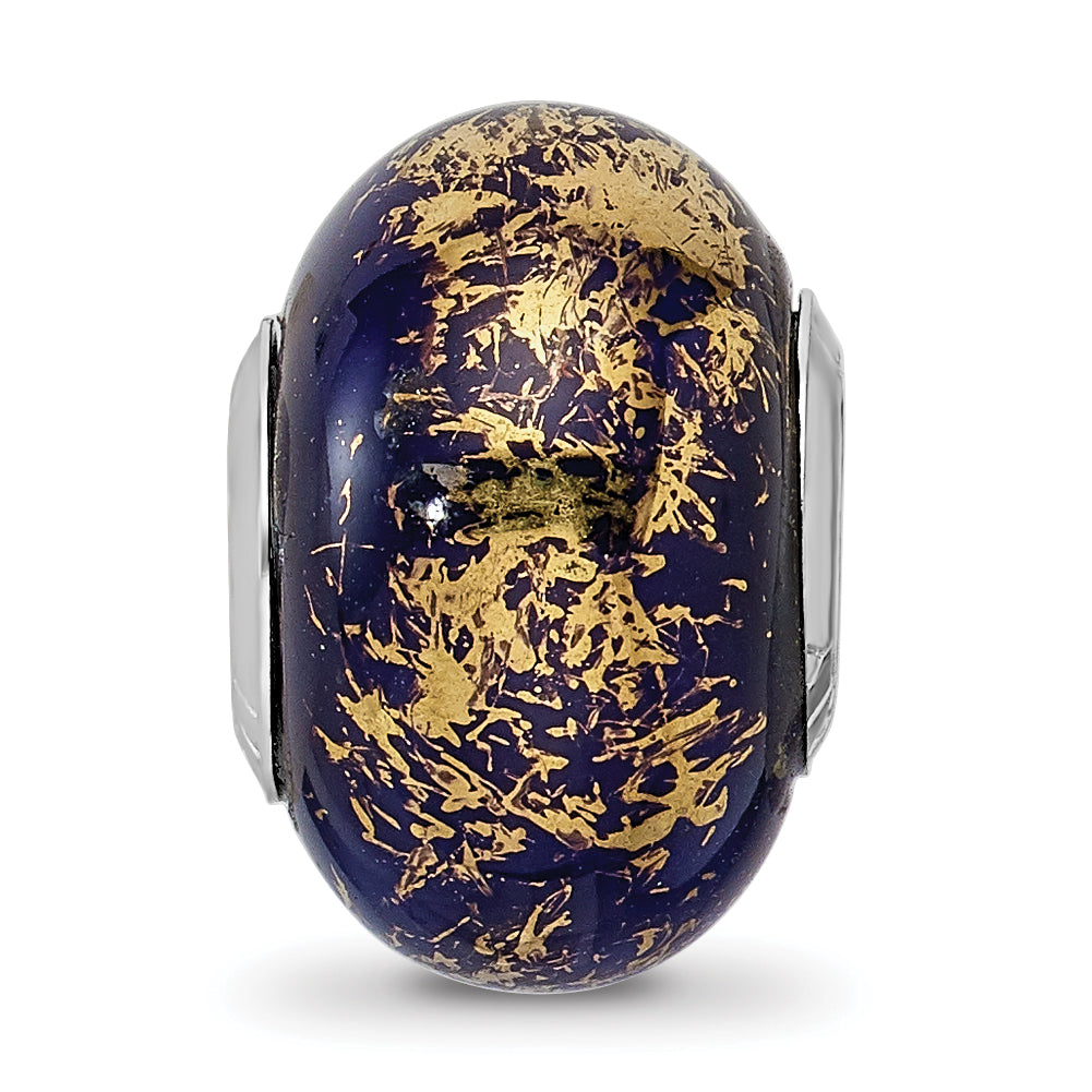 Sterling Silver 925 Dark Blue Ceramic Bead with Gold Foil Accent