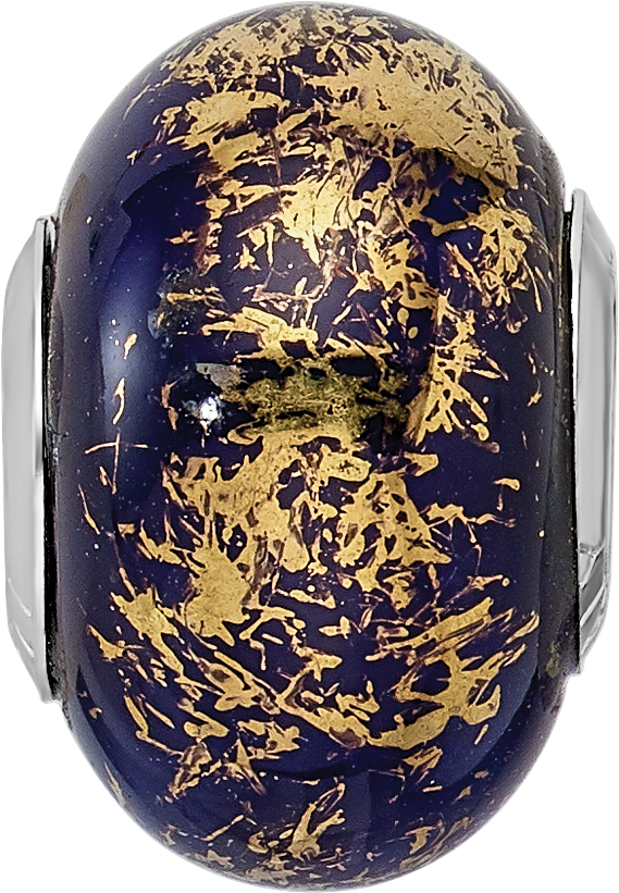 Sterling Silver 925 Dark Blue Ceramic Bead with Gold Foil Accent