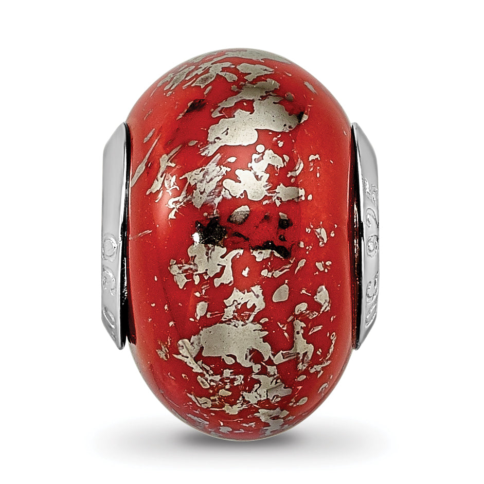 Red & Platinum Foil Ceramic Bead Charm in Sterling Silver