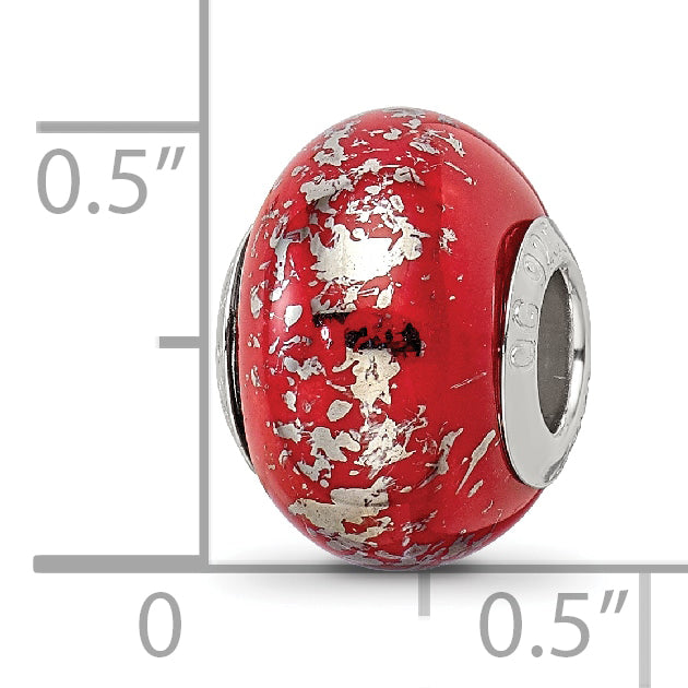 Red & Platinum Foil Ceramic Bead Charm in Sterling Silver