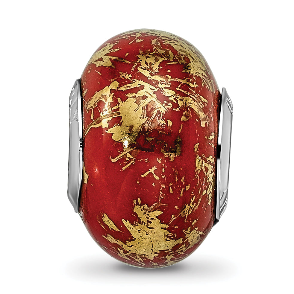 Sterling Silver 925 Ceramic Bead with Gold Foil Accents  Elegant Red Design