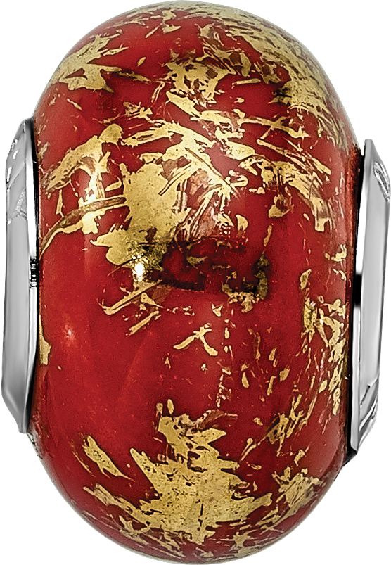 Sterling Silver 925 Ceramic Bead with Gold Foil Accents  Elegant Red Design