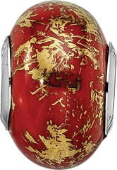 Sterling Silver 925 Ceramic Bead with Gold Foil Accents  Elegant Red Design