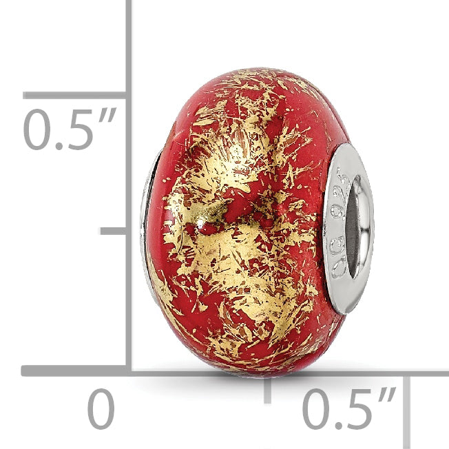 Red & Gold Foil Ceramic Bead Charm in Sterling Silver