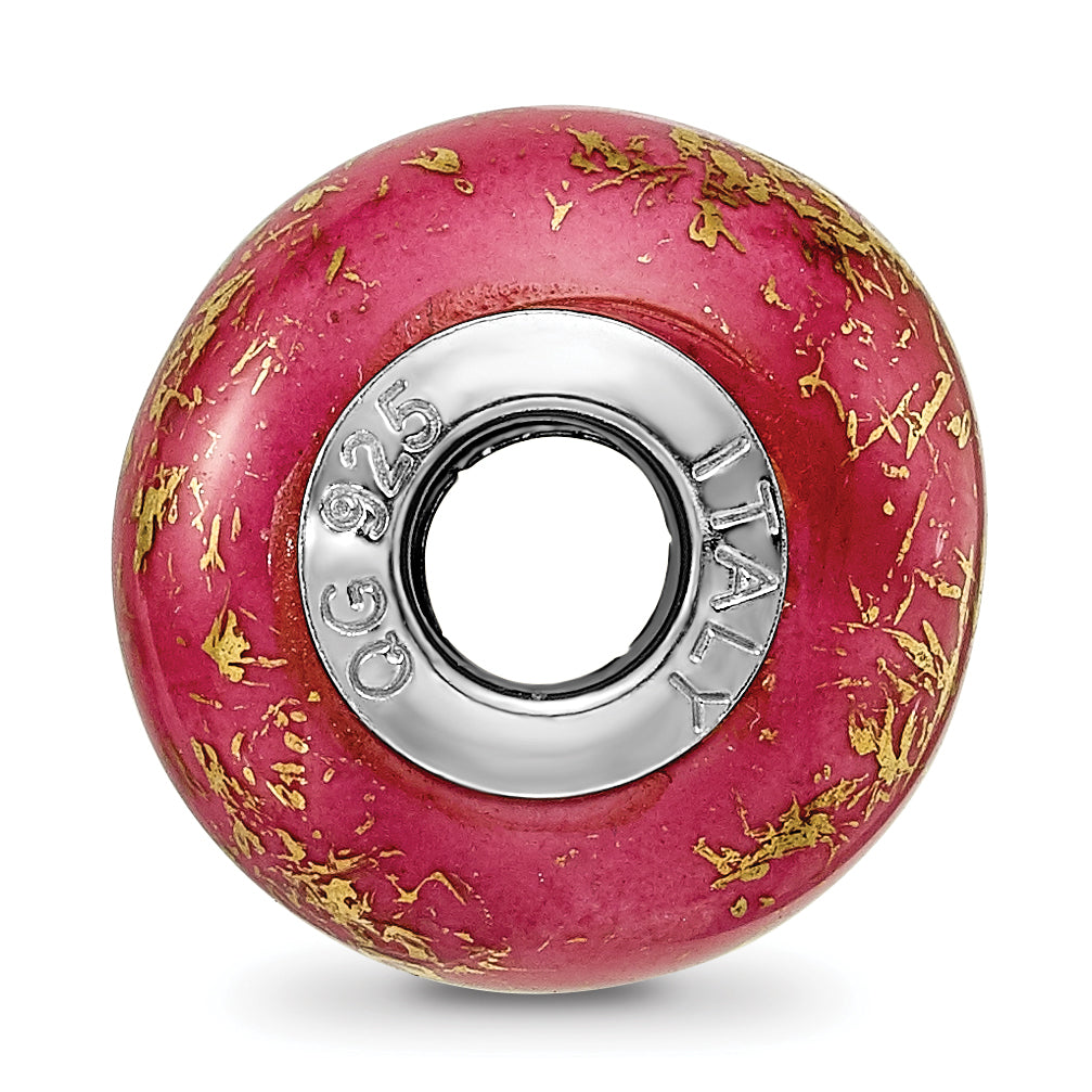 Sterling Silver 925 Dark Pink Ceramic Bead with Gold Foil Accents Elegant Design Secondary image