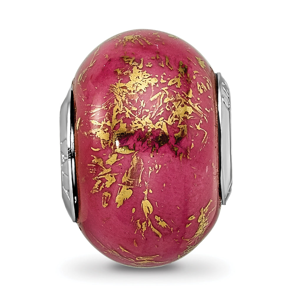 Sterling Silver 925 Dark Pink Ceramic Bead with Gold Foil Accents Elegant Design