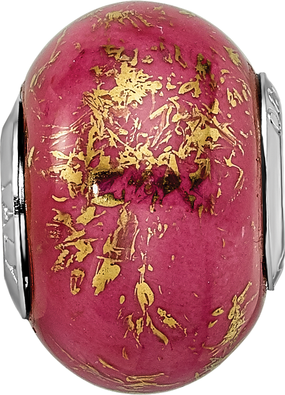 Sterling Silver 925 Dark Pink Ceramic Bead with Gold Foil Accents Elegant Design