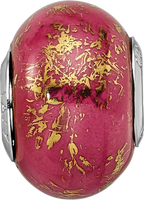 Sterling Silver 925 Dark Pink Ceramic Bead with Gold Foil Accents Elegant Design