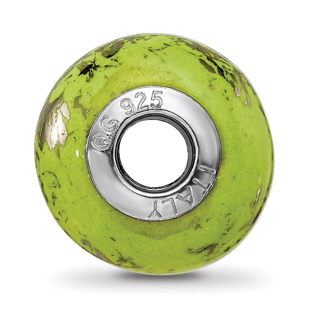 Green & Platinum Foil Ceramic Bead Charm in Sterling Silver