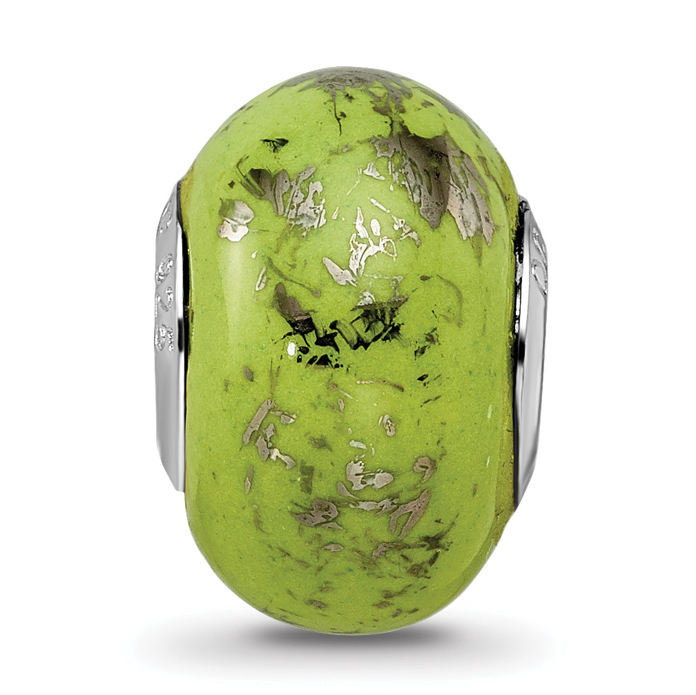 Green & Platinum Foil Ceramic Bead Charm in Sterling Silver