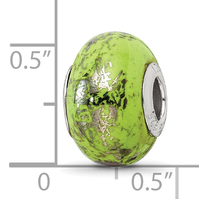 Green & Platinum Foil Ceramic Bead Charm in Sterling Silver