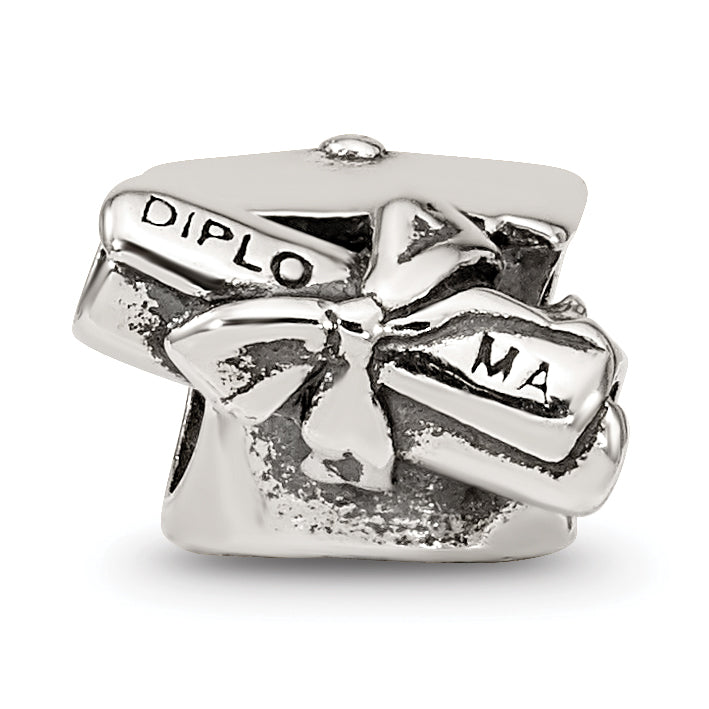 Sterling Silver 925 Graduation Cap & Diploma Bead with Antiqued Finish