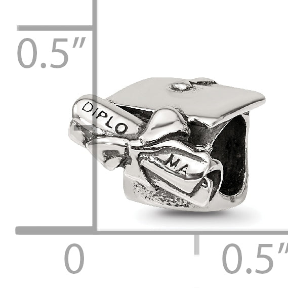 Sterling Silver 925 Graduation Cap & Diploma Bead with Antiqued Finish