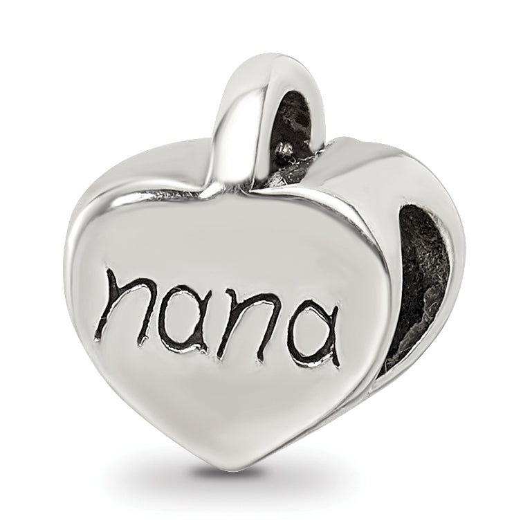 Sterling Silver 925 Nana Heart Bead with Antiqued Finish Solid Design