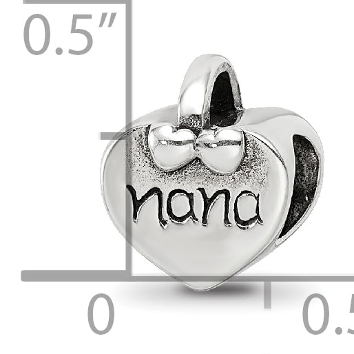 Sterling Silver 925 Nana Heart Bead with Antiqued Finish Solid Design