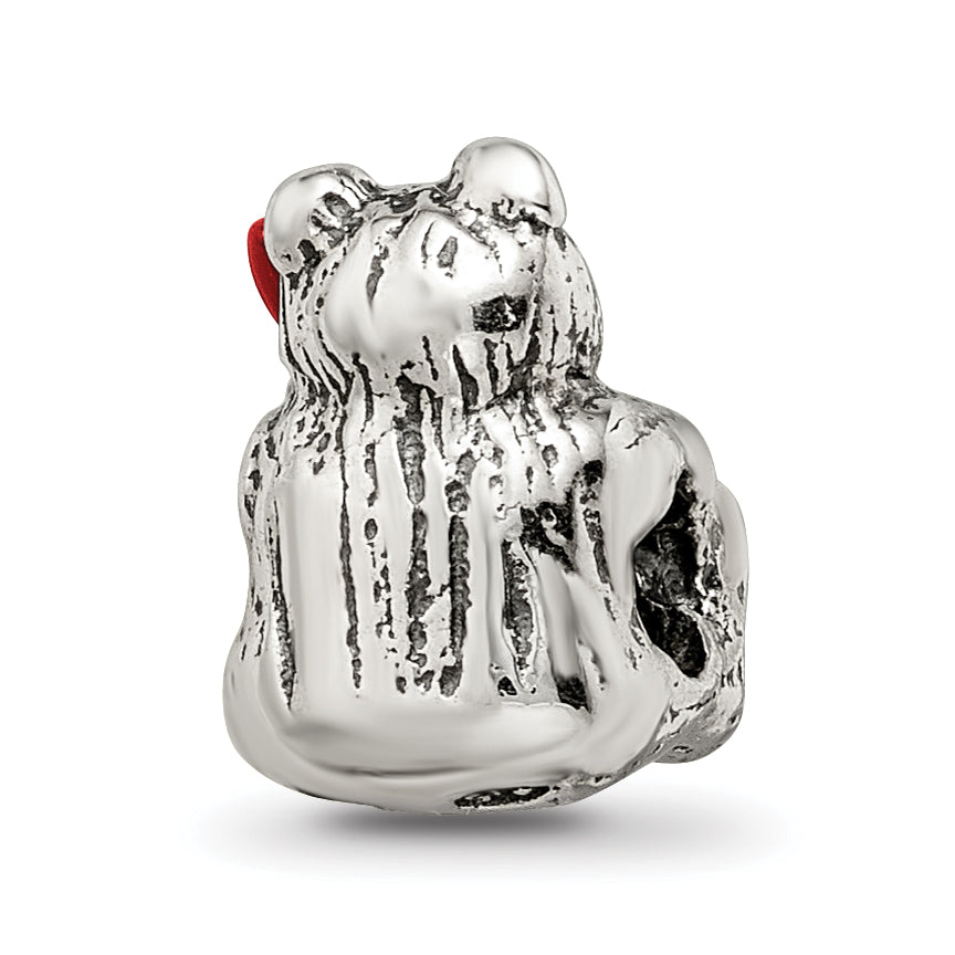 Sterling Silver 925 Kids Bear Bead with Enameled Flower  Antiqued Finish