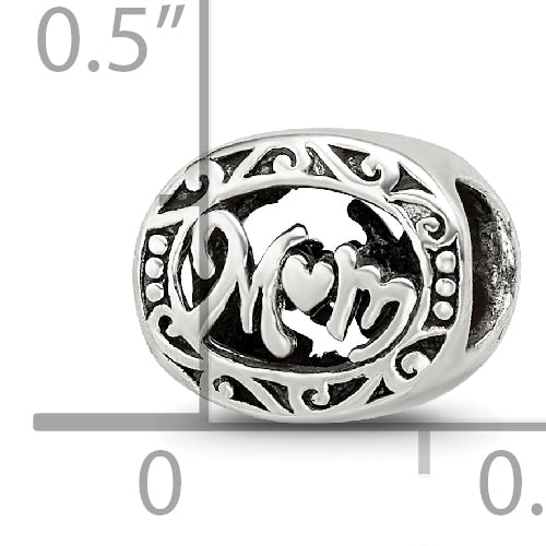 Sterling Silver 925 Mom Bead with Antiqued Finish Solid Themed Charm