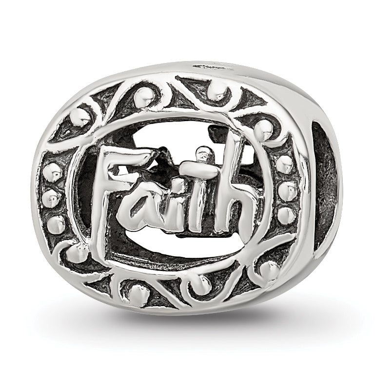 Sterling Silver 925 Faith Bead with Antiqued Finish Solid Themed Design