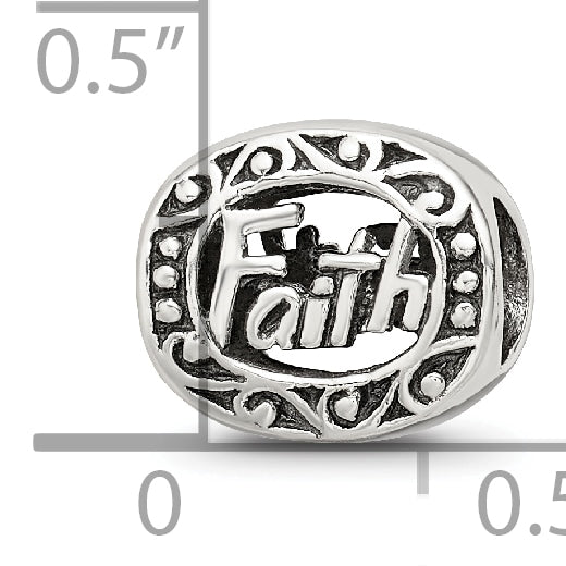 Sterling Silver 925 Faith Bead with Antiqued Finish Solid Themed Design