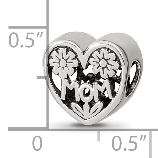 Sterling Silver 925 Mom Heart Bead with Antiqued Finish Elegant Gift Ready Design
