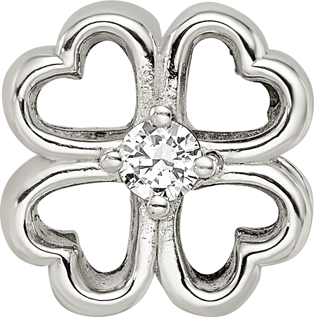 Sterling Silver 925 Four Leaf Clover Bead with CZ, Polished Finish, Lucky Charm