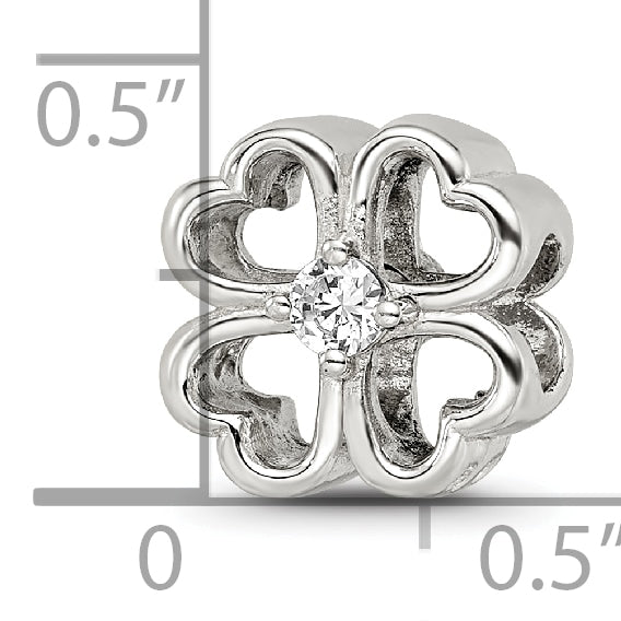 Sterling Silver 925 Four Leaf Clover Bead with CZ, Polished Finish, Lucky Charm