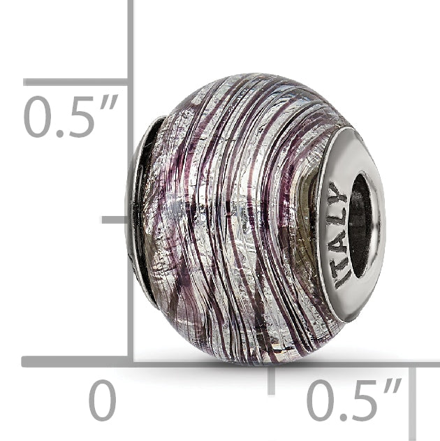 Sterling Silver Murano Glass Bead with Purple Stripes  Elegant, Handcrafted Italian Design