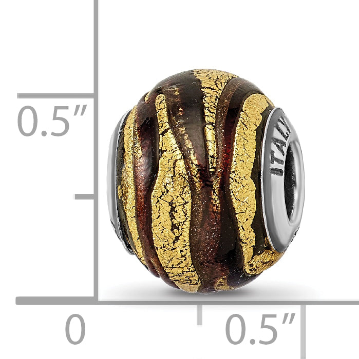 Sterling Silver Italian Glass Bead with Brown & Gold Polished Finish Versatile and Elegant