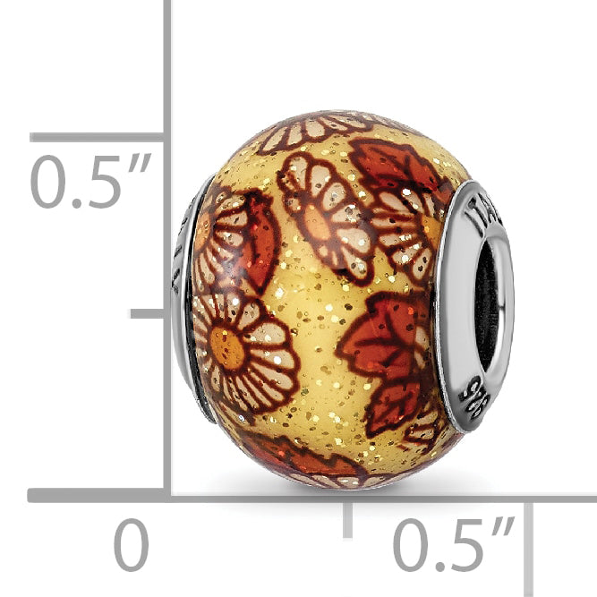 **Sterling Silver 925 Italian Floral Glass Bead with Polished Overlay Design**