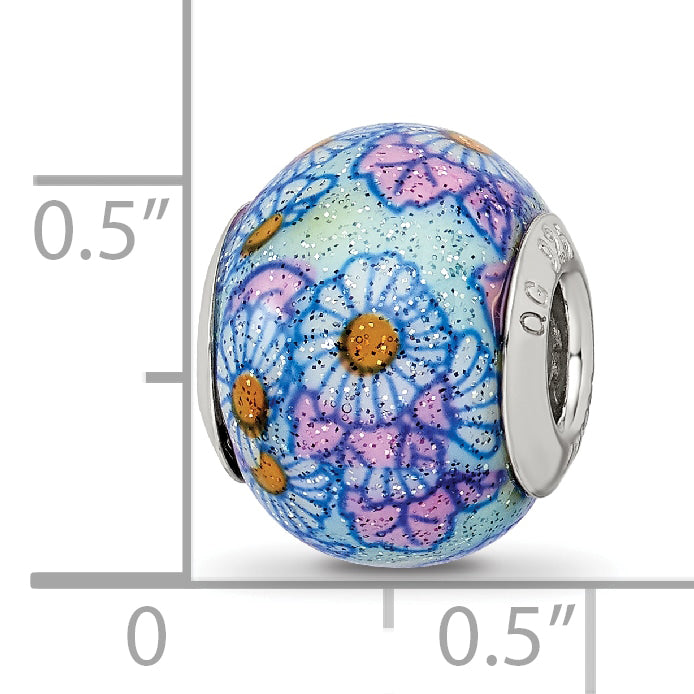 Sterling Silver 925 Blue Floral Glass Bead with Polished Overlay, Elegant Artistry