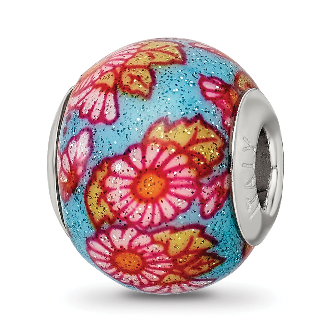 Sterling Silver Reflections Italian Multicolor Floral Overlay Glass Bead
