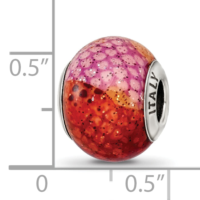 Sterling Silver Python Glass Bead with Italian Pink & Orange Design, Polished Finish