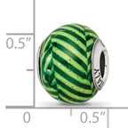 Sterling Silver 925 Glass Bead with Polished Green Stripes and Glitter Italian Style Elegance