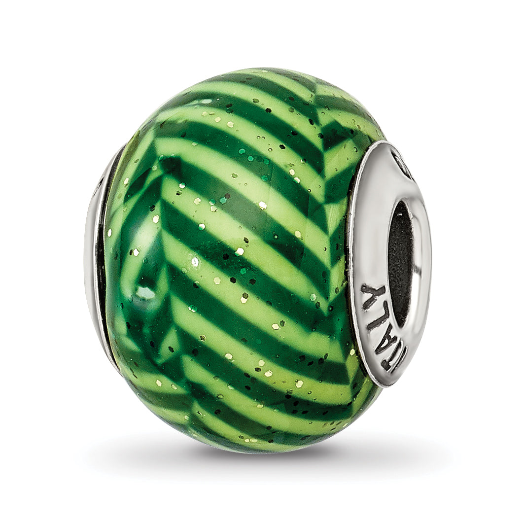 Sterling Silver Reflections Italian Green Stripes w/Glitter Glass Bead Main image