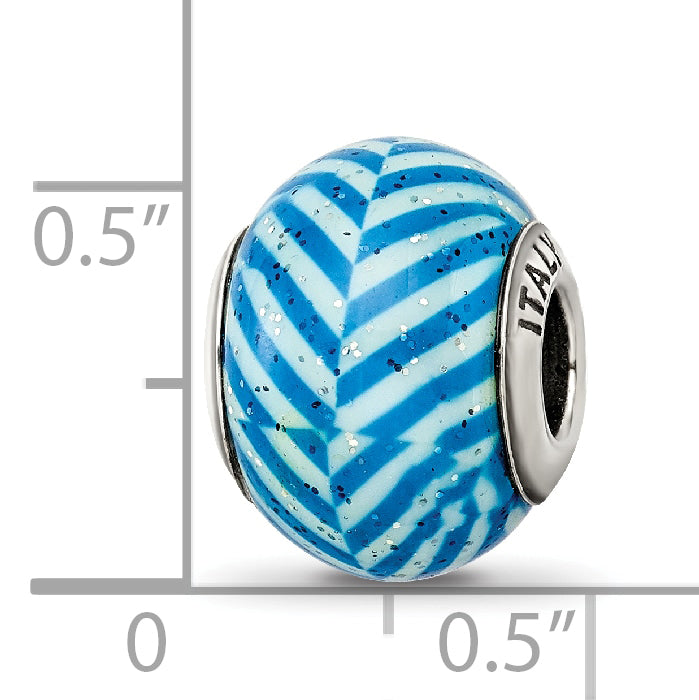 Sterling Silver 925 Blue Striped Glass Bead with Glitter Detailing  Italian Elegance
