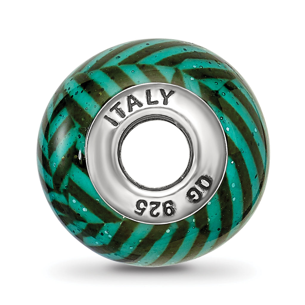 Italian Teal Stripe Glass Bead Charm in Sterling Silver