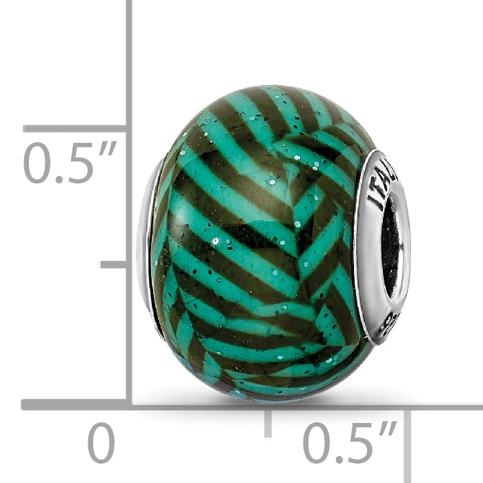 Sterling Silver 925 Polished Glass Bead with Teal Stripes and Glitter