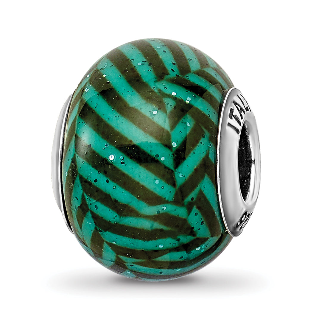 Sterling Silver Reflections Italian Teal Stripes w/Glitter Glass Bead Main image