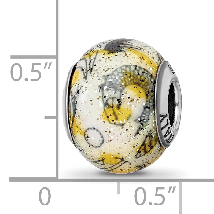 Sterling Silver 925 Glass Bead with Polished Yellow & White Italian Design