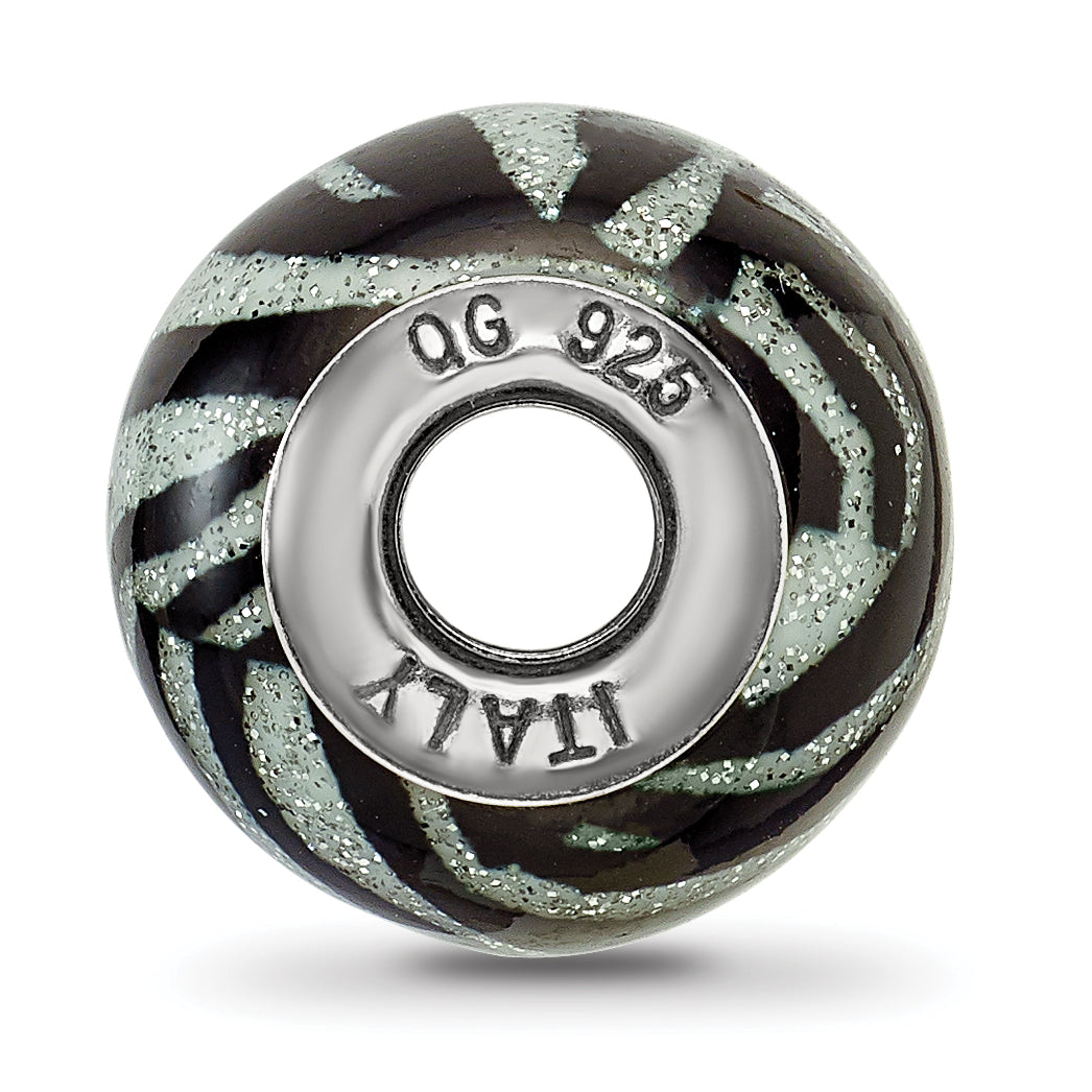 Sterling Silver Black & White Striped Glass Bead Polished Finish Elegant Style