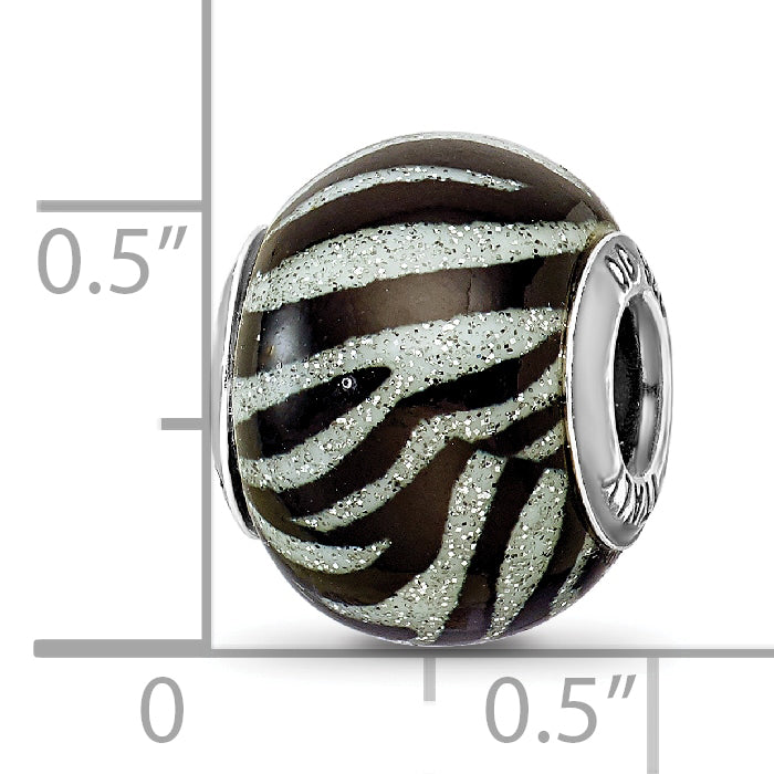 Sterling Silver Black & White Striped Glass Bead Polished Finish Elegant Style