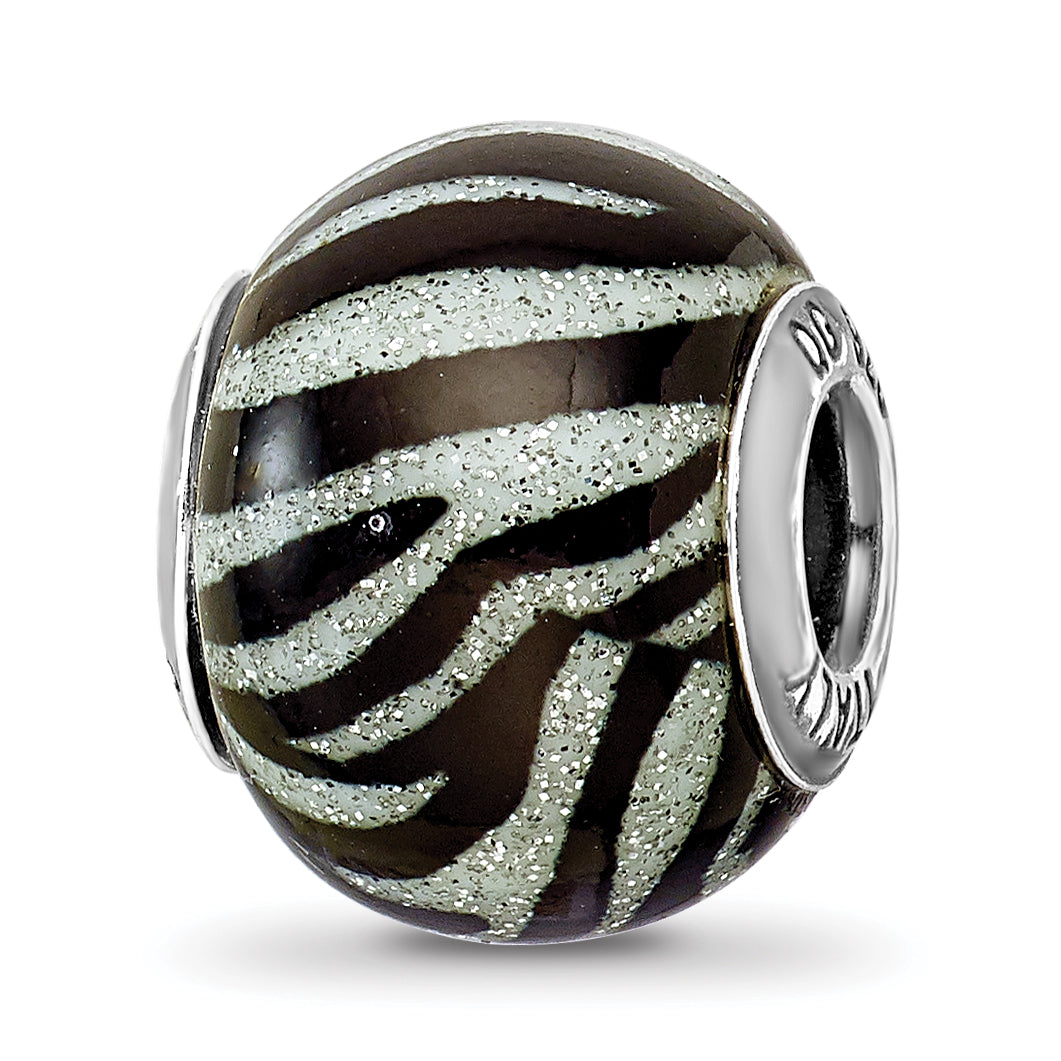 Sterling Silver Reflections Italian Black & White Stripes Glass Bead Main image