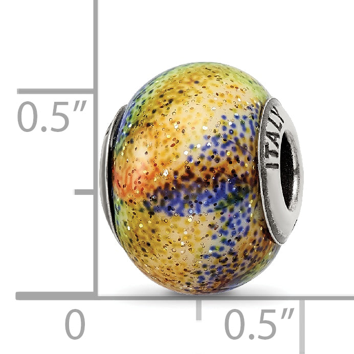 Sterling Silver Italian Glass Bead with Blue, Orange & Green Polished Finish