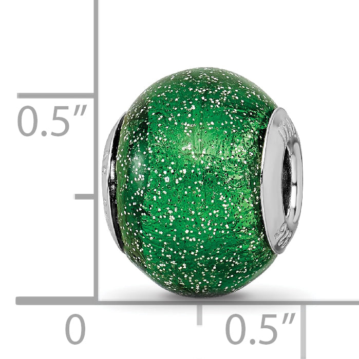 Sterling Silver 925 Green Glitter Glass Bead with Polished Finish